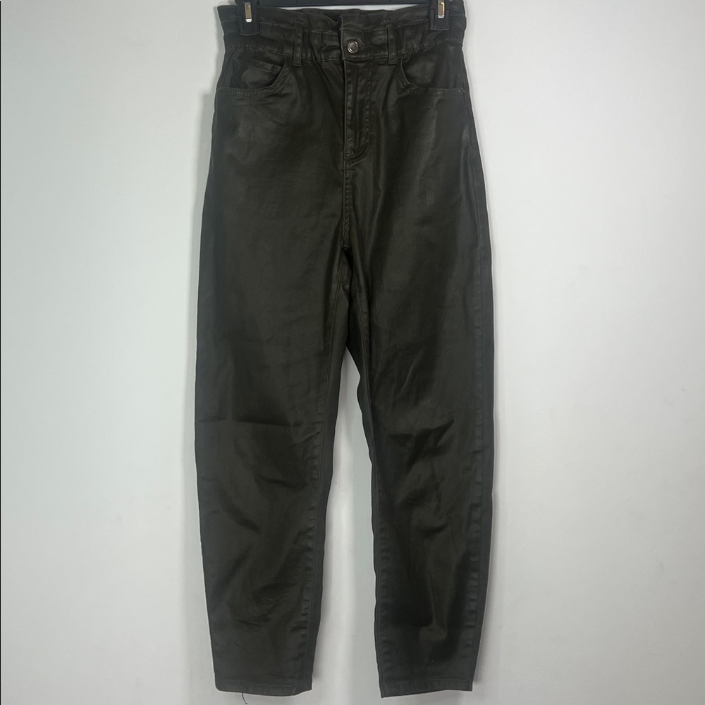 Zara Womens Dark Green Brown High Rise Paper Bag Skinny Jeans Size 2 Moto Grunge